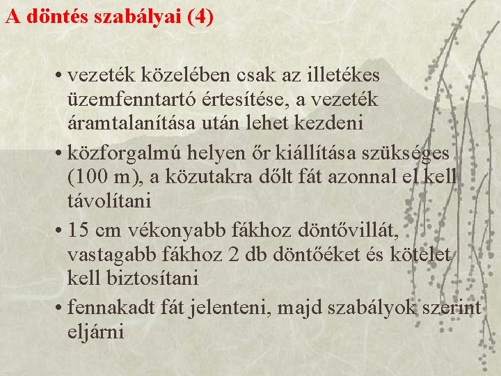 A döntés szabályai (4) • vezeték közelében csak az illetékes üzemfenntartó értesítése, a vezeték