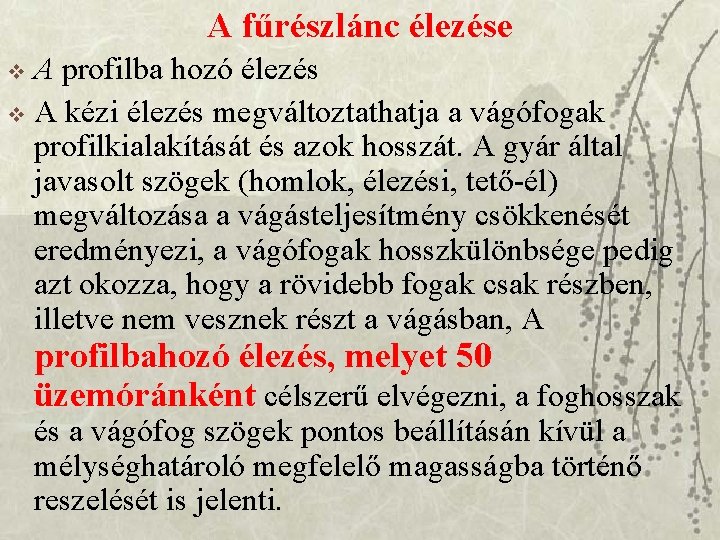 A fűrészlánc élezése A profilba hozó élezés v A kézi élezés megváltoztathatja a vágófogak