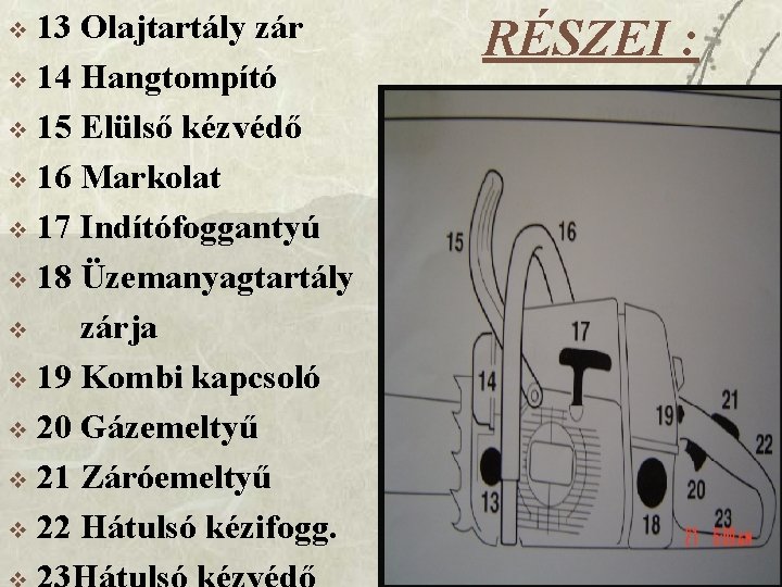 13 Olajtartály zár v 14 Hangtompító v 15 Elülső kézvédő v 16 Markolat v