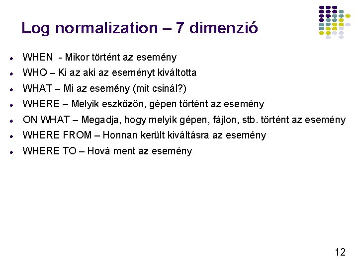Log normalization – 7 dimenzió WHEN - Mikor történt az esemény WHO – Ki