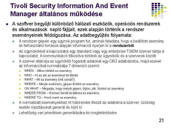 Tivoli Security Information And Event Manager általános működése A szoftver begyűjti különböző hálózati eszközök,