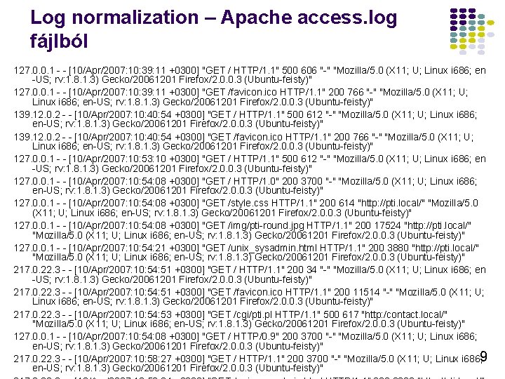 Log normalization – Apache access. log fájlból 127. 0. 0. 1 - - [10/Apr/2007: