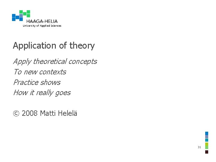 Application of theory Apply theoretical concepts To new contexts Practice shows How it really