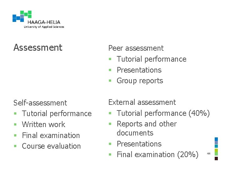 Assessment Peer assessment § Tutorial performance § Presentations § Group reports Self-assessment § Tutorial