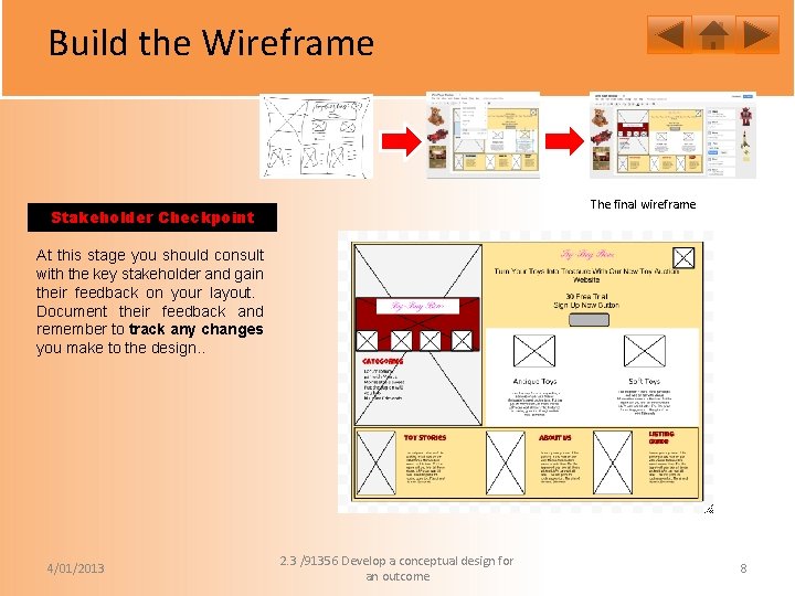 Build the Wireframe The final wireframe Stakeholder Checkpoint At this stage you should consult