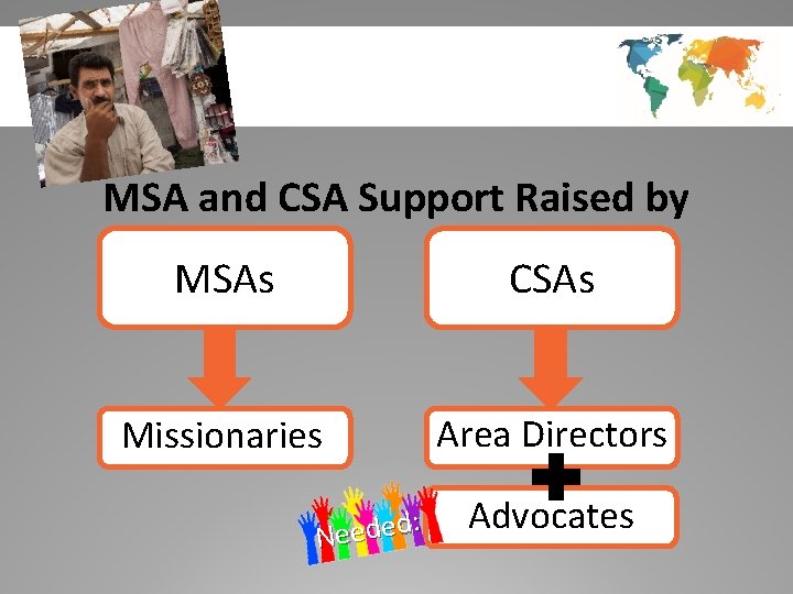 MSA and CSA Support Raised by MSAs CSAs Missionaries Area Directors : d e