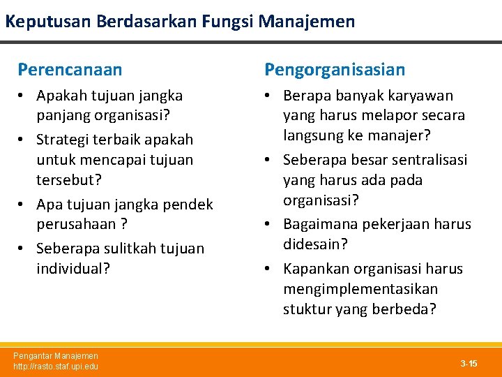 Keputusan Berdasarkan Fungsi Manajemen Perencanaan Pengorganisasian • Apakah tujuan jangka panjang organisasi? • Strategi