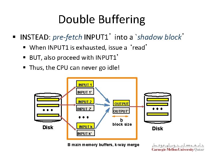 Double Buffering § INSTEAD: pre-fetch INPUT 1’ into a `shadow block’ § When INPUT Double Buffering § INSTEAD: pre-fetch INPUT 1’ into a `shadow block’ § When INPUT