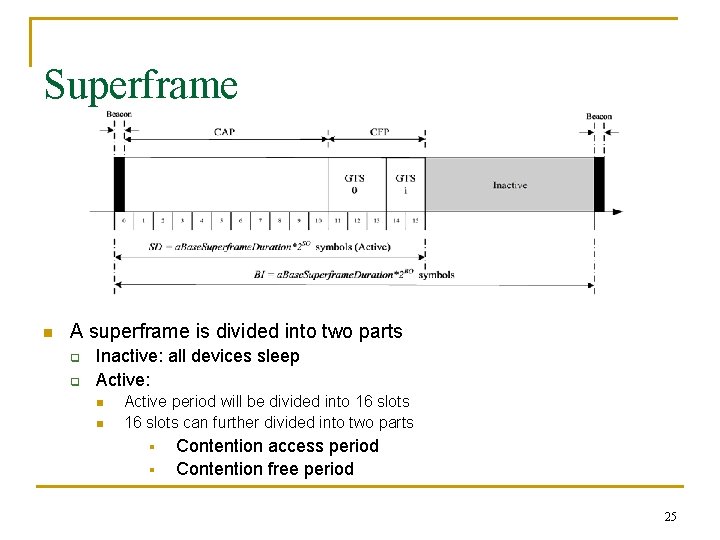 Superframe n A superframe is divided into two parts q q Inactive: all devices