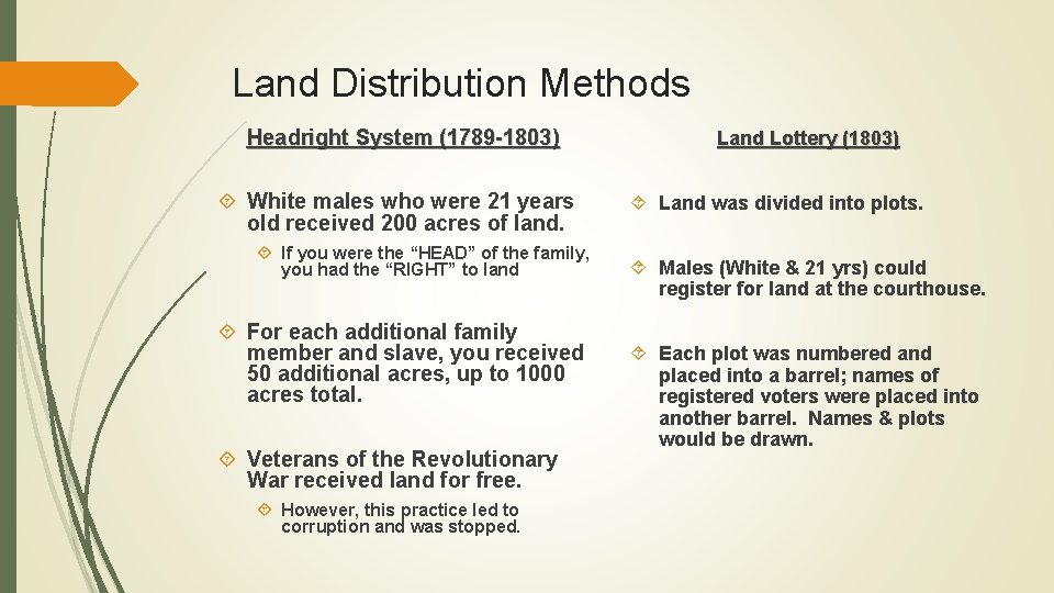 Land Distribution Methods Headright System (1789 -1803) White males who were 21 years old