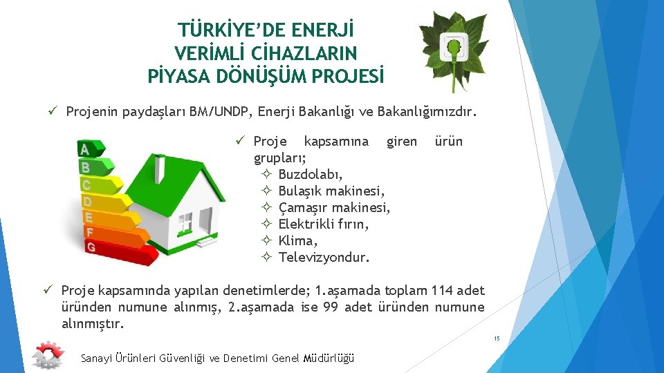 TÜRKİYE’DE ENERJİ VERİMLİ CİHAZLARIN PİYASA DÖNÜŞÜM PROJESİ ü Projenin paydaşları BM/UNDP, Enerji Bakanlığı ve