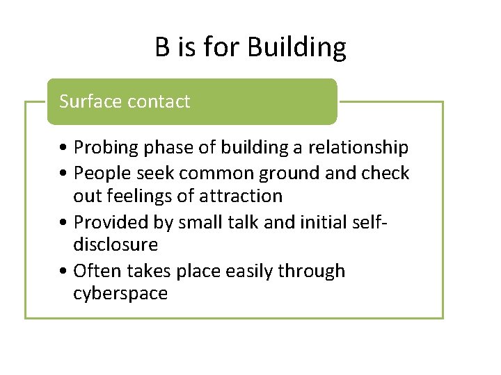 B is for Building Surface contact • Probing phase of building a relationship • B is for Building Surface contact • Probing phase of building a relationship •