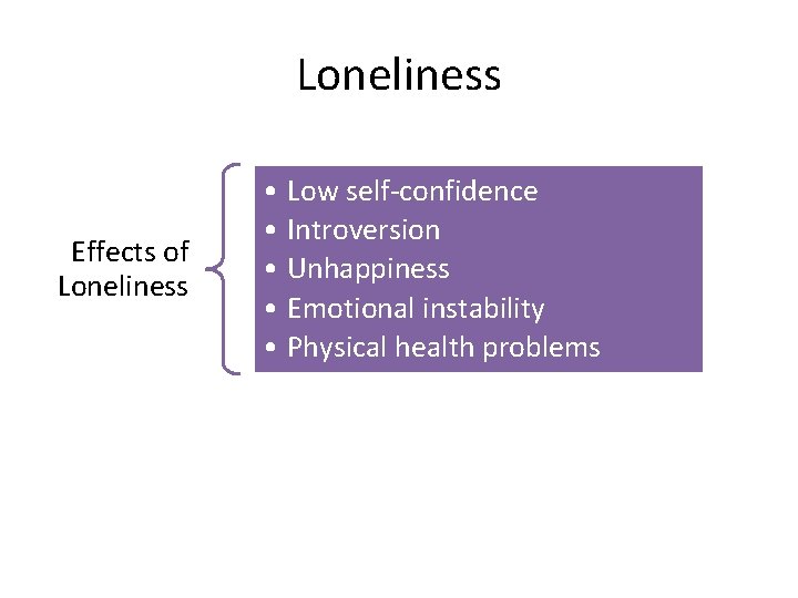 Loneliness Effects of Loneliness • Low self-confidence • Introversion • Unhappiness • Emotional instability Loneliness Effects of Loneliness • Low self-confidence • Introversion • Unhappiness • Emotional instability