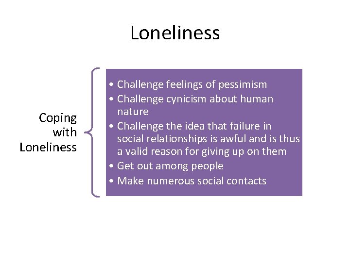 Loneliness Coping with Loneliness • Challenge feelings of pessimism • Challenge cynicism about human Loneliness Coping with Loneliness • Challenge feelings of pessimism • Challenge cynicism about human
