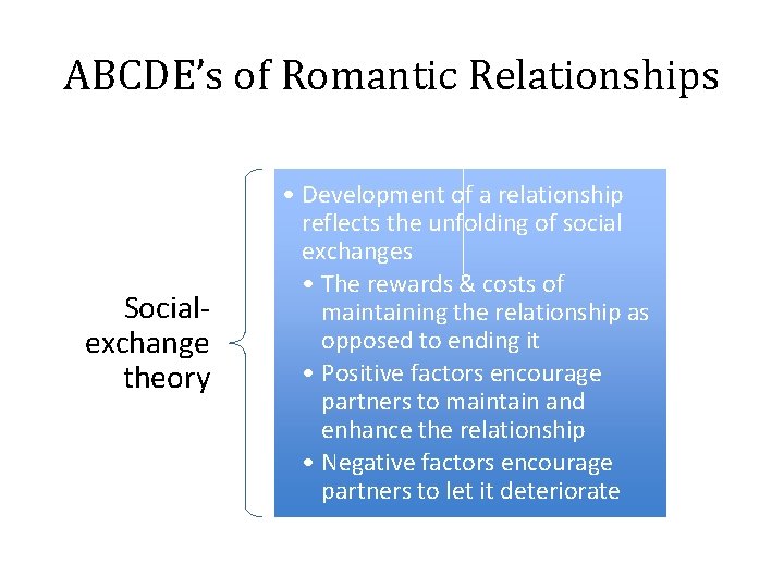 ABCDE’s of Romantic Relationships Socialexchange theory • Development of a relationship reflects the unfolding ABCDE’s of Romantic Relationships Socialexchange theory • Development of a relationship reflects the unfolding