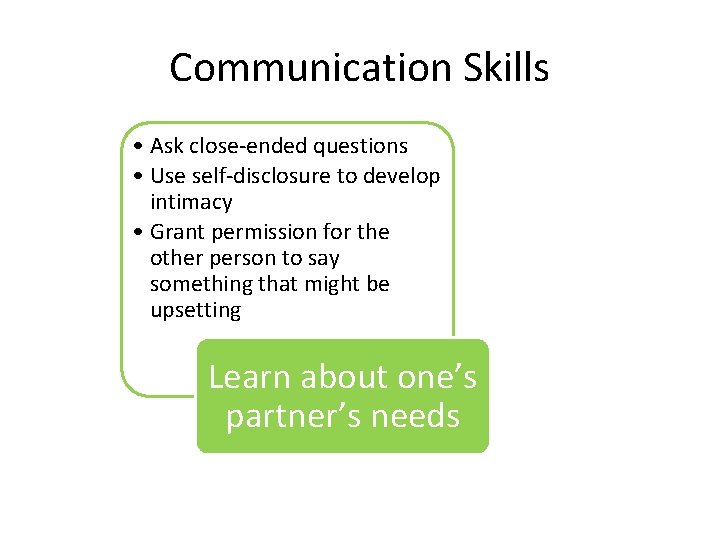Communication Skills • Ask close-ended questions • Use self-disclosure to develop intimacy • Grant Communication Skills • Ask close-ended questions • Use self-disclosure to develop intimacy • Grant