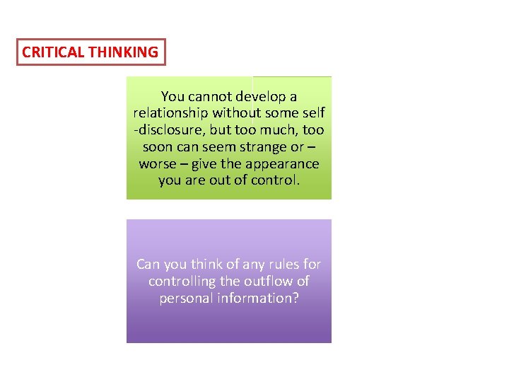 CRITICAL THINKING You cannot develop a relationship without some self -disclosure, but too much, CRITICAL THINKING You cannot develop a relationship without some self -disclosure, but too much,