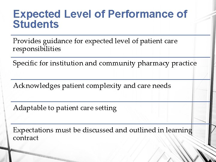 Expected Level of Performance of Students Provides guidance for expected level of patient care