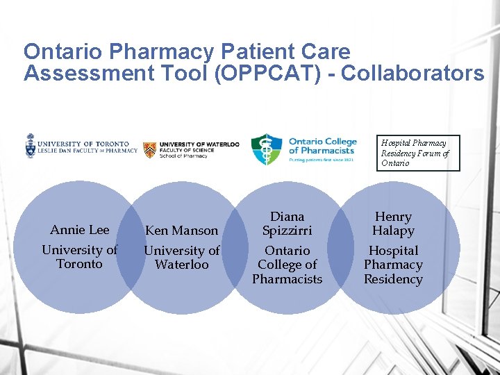 Ontario Pharmacy Patient Care Assessment Tool (OPPCAT) - Collaborators Hospital Pharmacy Residency Forum of
