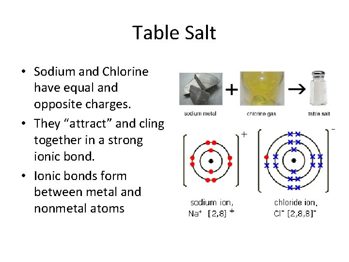 Table Salt • Sodium and Chlorine have equal and opposite charges. • They “attract”