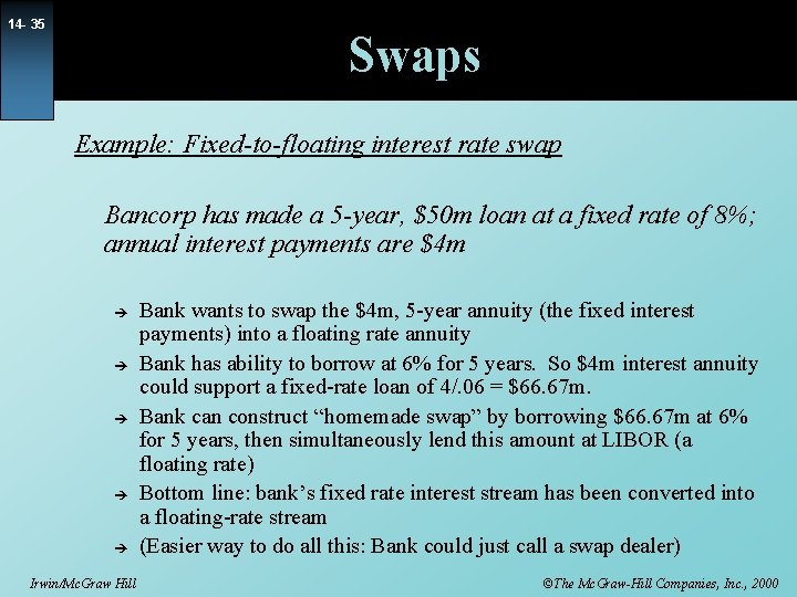 14 - 35 Swaps Example: Fixed-to-floating interest rate swap Bancorp has made a 5