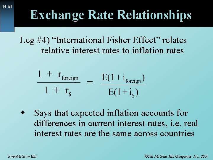 14 - 51 Exchange Rate Relationships Leg #4) “International Fisher Effect” relates relative interest