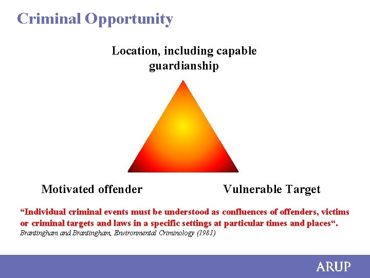 Criminal Opportunity Location, including capable guardianship Motivated offender Vulnerable Target “Individual criminal events must