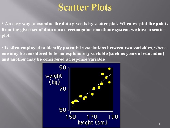 Scatter Plots • An easy way to examine the data given is by scatter