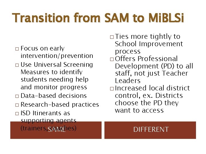 Transition from SAM to Mi. BLSi � Ties Focus on early intervention/prevention � Use