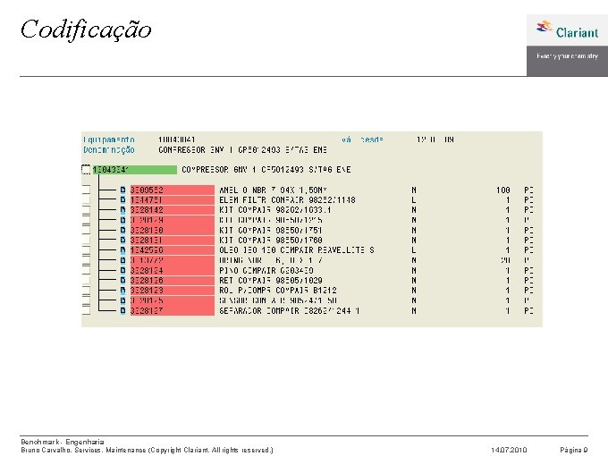 Codificação Benchmark - Engenharia Bruno Carvalho, Services, Maintenance (Copyright Clariant. All rights reserved. )