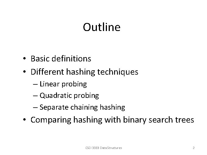 Outline • Basic definitions • Different hashing techniques – Linear probing – Quadratic probing