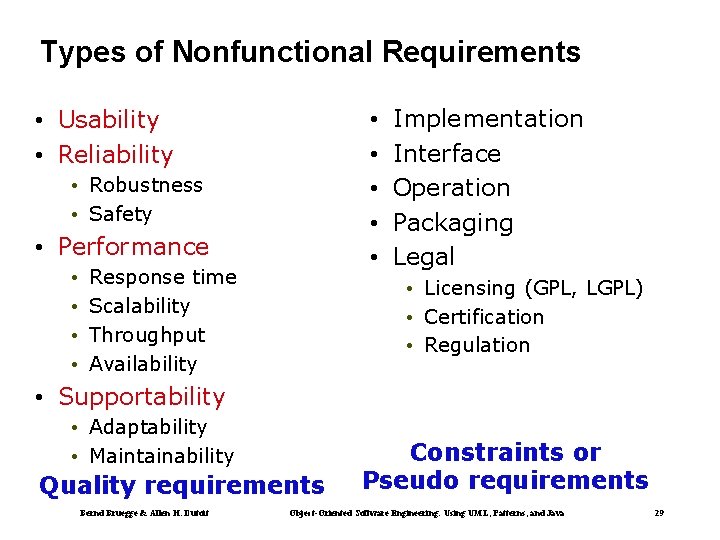 Types of Nonfunctional Requirements • Usability • Reliability • • • Robustness • Safety