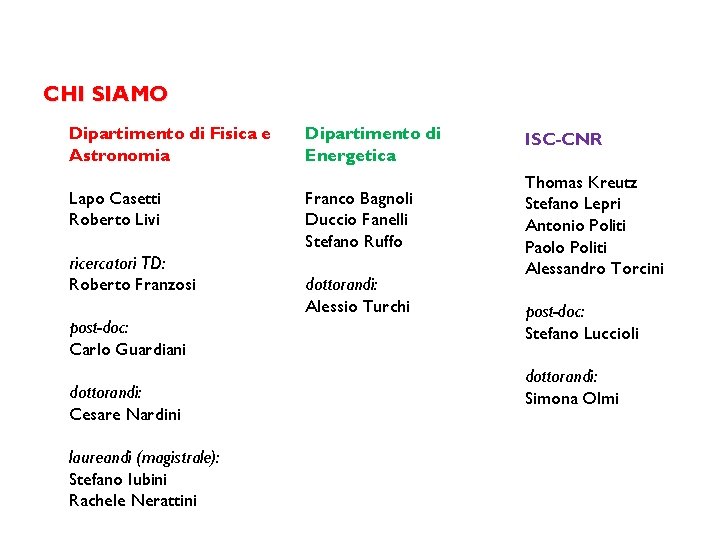 CHI SIAMO Dipartimento di Fisica e Astronomia Lapo Casetti Roberto Livi ricercatori TD: Roberto