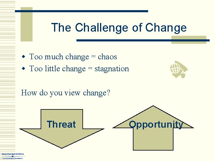 The Challenge of Change w Too much change = chaos w Too little change