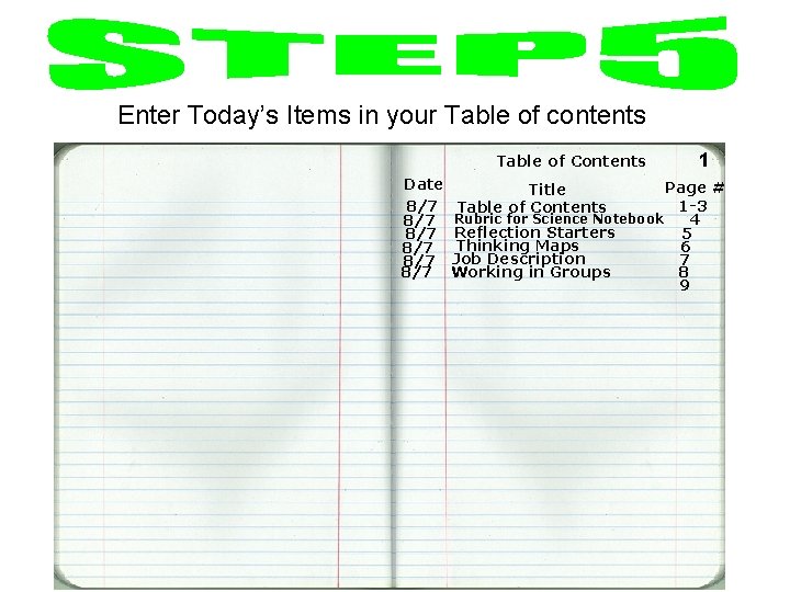 Enter Today’s Items in your Table of contents Table of Contents Date 8/7 8/7