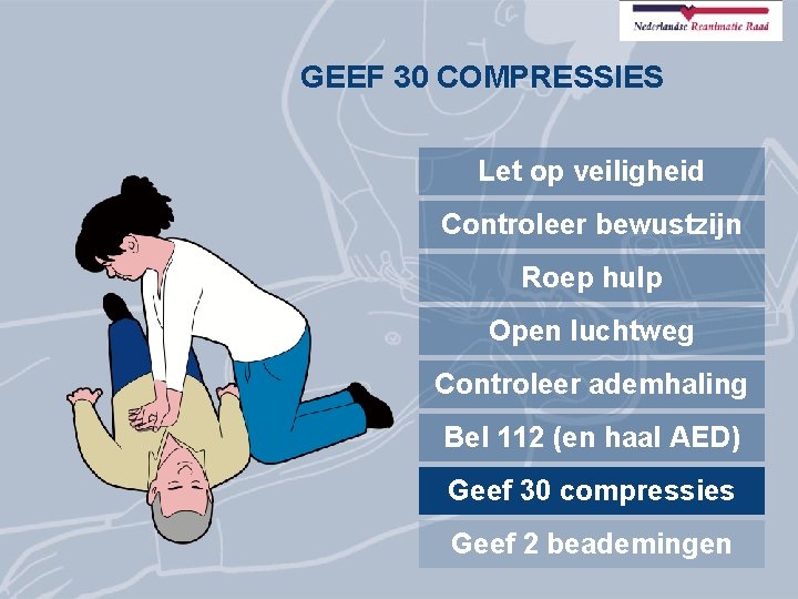GEEF 30 COMPRESSIES Let op veiligheid Controleer bewustzijn Roep hulp Open luchtweg Controleer ademhaling
