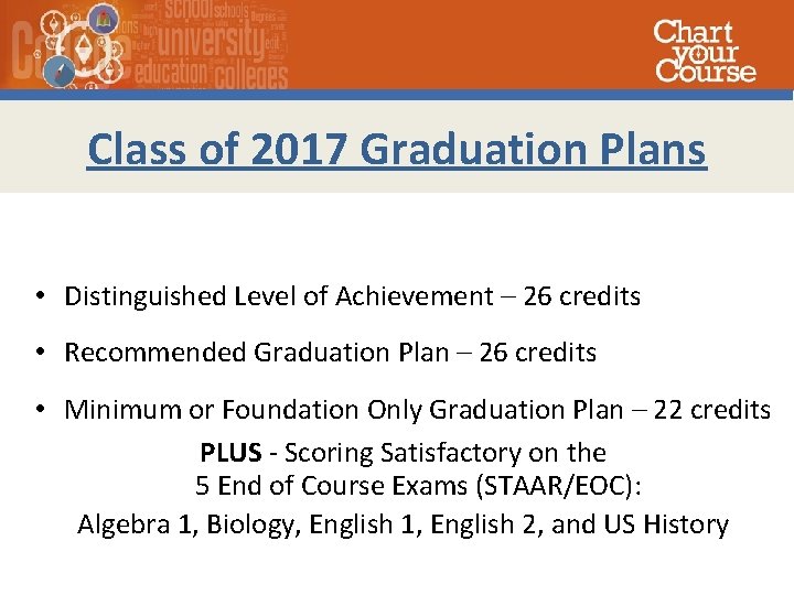 Class of 2017 Graduation Plans • Distinguished Level of Achievement – 26 credits •