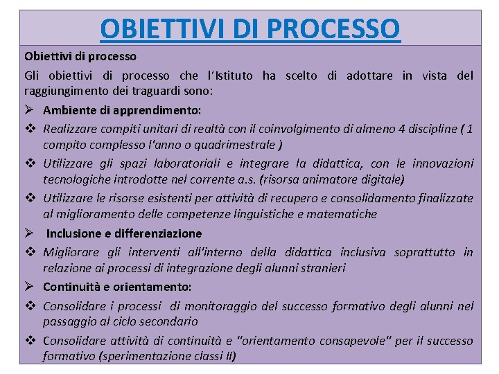 OBIETTIVI DI PROCESSO Obiettivi di processo Gli obiettivi di processo che l’Istituto ha scelto