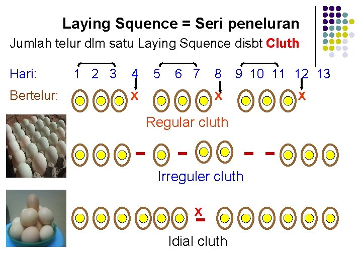 Laying Squence = Seri peneluran Jumlah telur dlm satu Laying Squence disbt Cluth Hari: