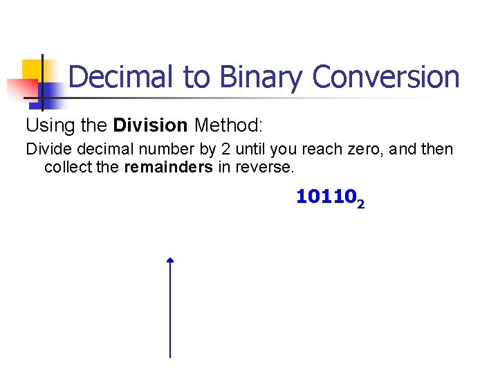 Decimal to Binary Conversion Using the Division Method: Divide decimal number by 2 until