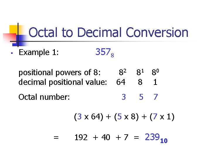 Octal to Decimal Conversion § Example 1: 3578 positional powers of 8: 82 81