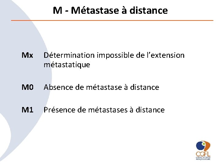 M - Métastase à distance Mx Détermination impossible de l’extension métastatique M 0 Absence