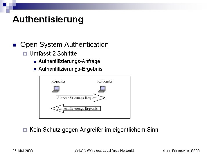Authentisierung n Open System Authentication ¨ Umfasst 2 Schritte n n ¨ Authentifizierungs-Anfrage Authentifizierungs-Ergebnis