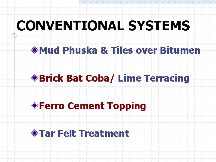 CONVENTIONAL SYSTEMS Mud Phuska & Tiles over Bitumen Brick Bat Coba/ Lime Terracing Ferro