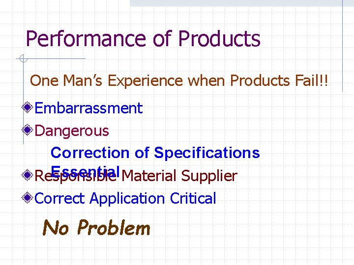 Performance of Products One Man’s Experience when Products Fail!! Embarrassment Dangerous Correction of Specifications