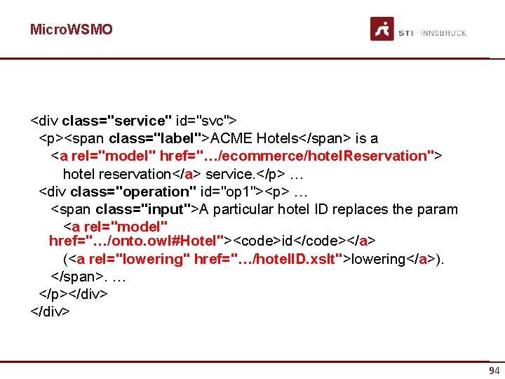 Micro. WSMO <div class="service" id="svc"> <p><span class="label">ACME Hotels</span> is a <a rel="model" href="…/ecommerce/hotel. Reservation">
