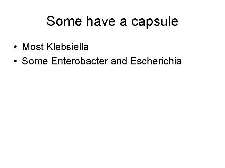 Some have a capsule • Most Klebsiella • Some Enterobacter and Escherichia Some have a capsule • Most Klebsiella • Some Enterobacter and Escherichia