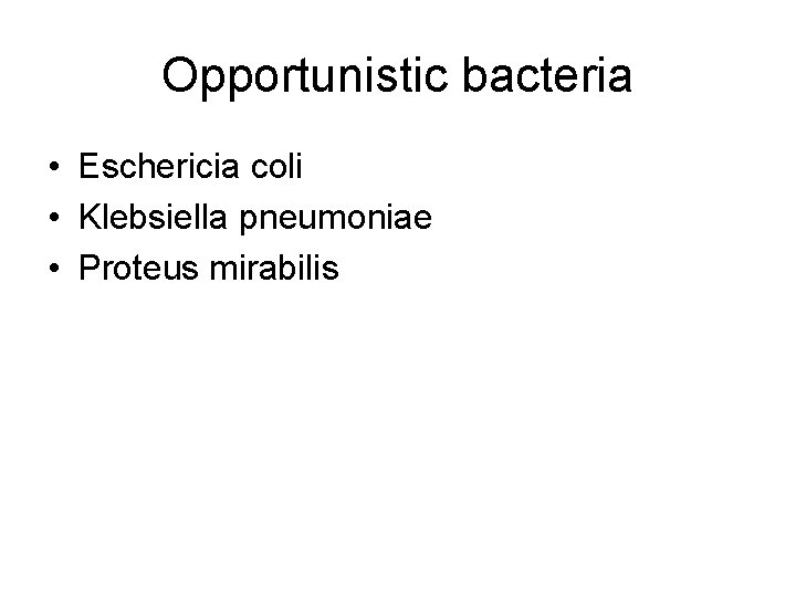 Opportunistic bacteria • Eschericia coli • Klebsiella pneumoniae • Proteus mirabilis Opportunistic bacteria • Eschericia coli • Klebsiella pneumoniae • Proteus mirabilis