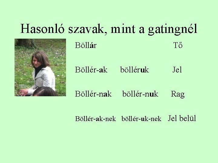 Hasonló szavak, mint a gatingnél Böllár Tő Böllér-ak bölléruk Jel Böllér-nak böllér-nuk Rag Böllér-ak-nek