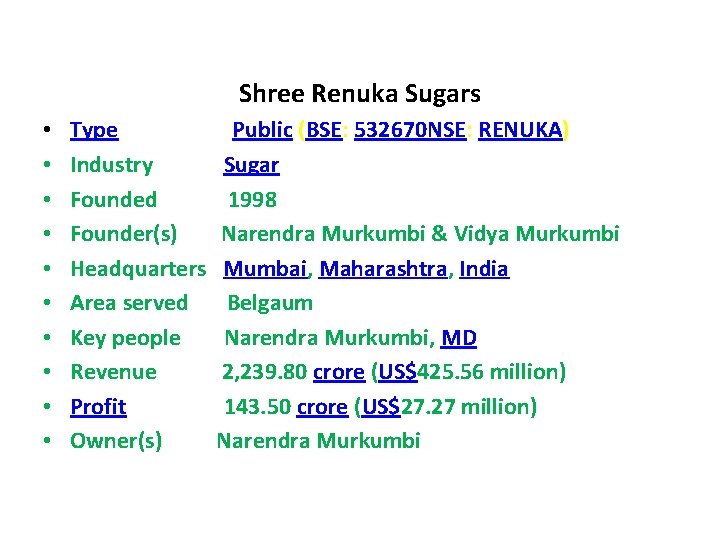 Shree Renuka Sugars • • • Type Public (BSE: 532670 NSE: RENUKA) Industry Sugar